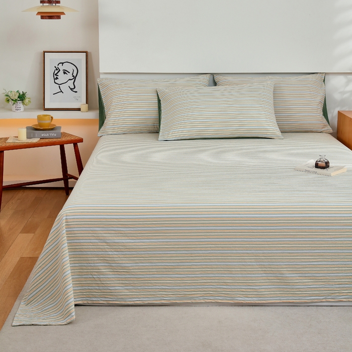 91家纺网 家纺一手货源 找家纺 春皖家纺 2026新款色织AB版水洗棉三件套四件套单品系列（单床单-A版风格一） 素雅-绿条