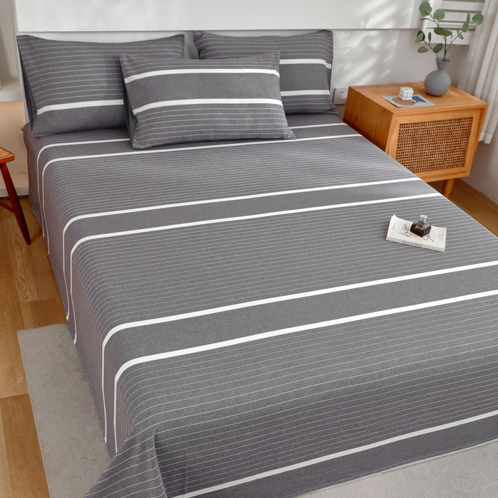 91家纺网 家纺一手货源 找家纺 春皖家纺 2026新款色织AB版水洗棉三件套四件套单品系列（单床单-A版风格一） 素雅-灰条