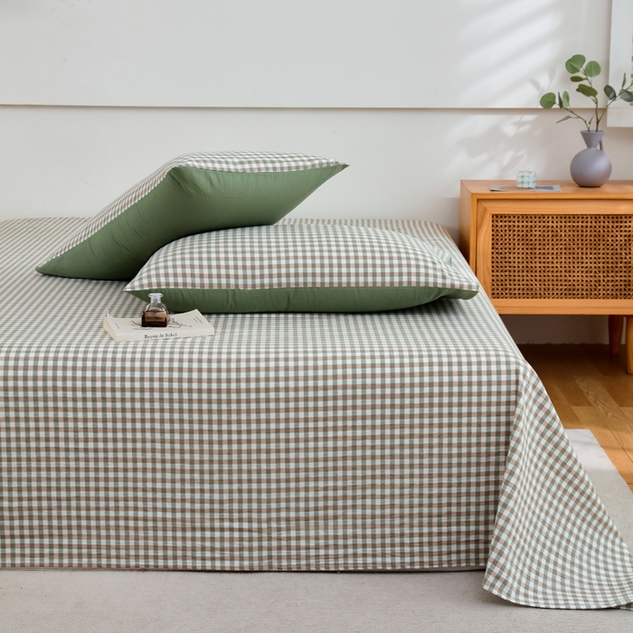 91家纺网 家纺一手货源 找家纺 春皖家纺 2026新款色织AB版水洗棉三件套四件套单品系列（单床单-A版风格一） 素雅-绿格