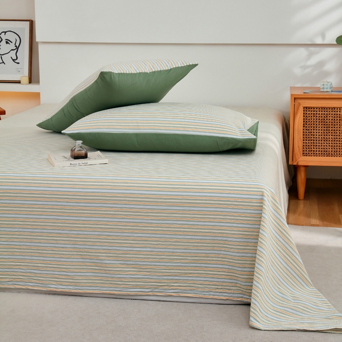 91家纺网 家纺一手货源 找家纺 春皖家纺 2026新款色织AB版水洗棉三件套四件套单品系列（单床单-A版风格一） 素雅-绿条