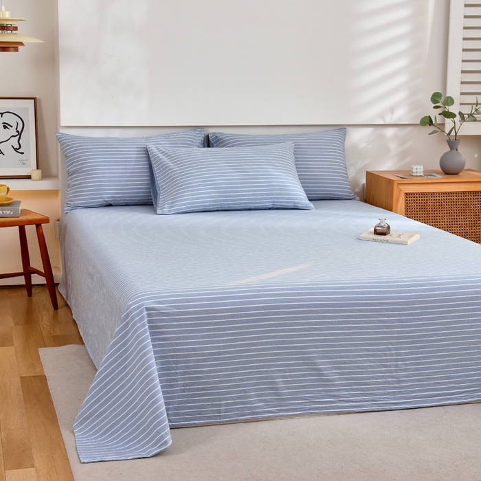 91家纺网 家纺一手货源 找家纺 春皖家纺 2026新款色织AB版水洗棉三件套四件套单品系列（单床单-A版风格一） 素雅-蓝条