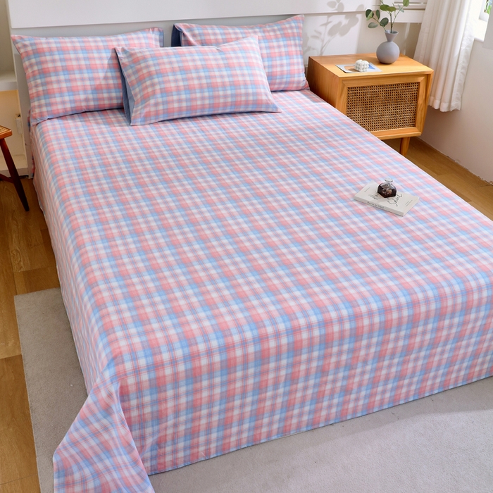 91家纺网 家纺一手货源 找家纺 春皖家纺 2026新款色织AB版水洗棉三件套四件套单品系列（单床单-A版风格一） 翠竹-桔格