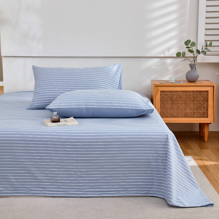 91家纺网 家纺一手货源 找家纺 春皖家纺 2026新款色织AB版水洗棉三件套四件套单品系列（单床单-A版风格一） 素雅-蓝条