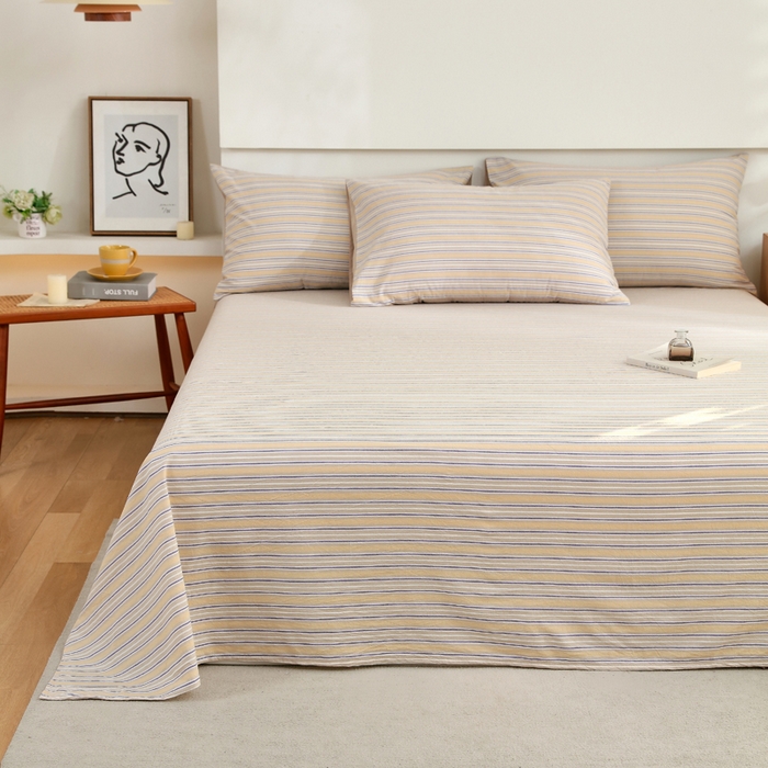 91家纺网 家纺一手货源 找家纺 春皖家纺 2026新款色织AB版水洗棉三件套四件套单品系列（单床单-A版风格一） 素雅-杏黄纹