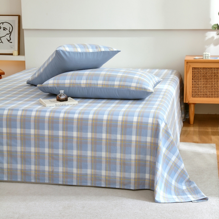 91家纺网 家纺一手货源 找家纺 春皖家纺 2026新款色织AB版水洗棉三件套四件套单品系列（单床单-A版风格一） 素雅-蓝格