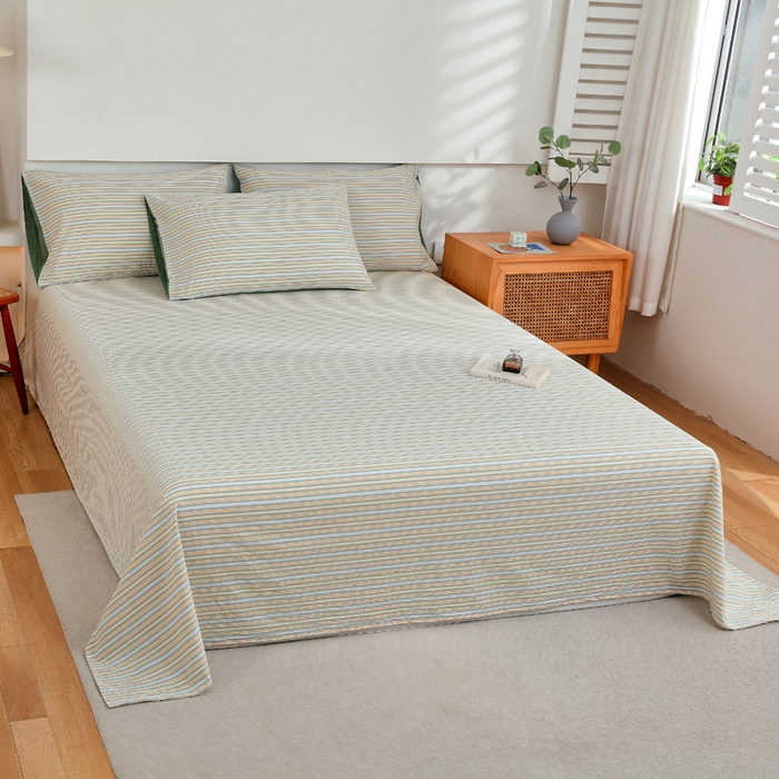 91家纺网 家纺一手货源 找家纺 春皖家纺 2026新款色织AB版水洗棉三件套四件套单品系列（单床单-A版风格一） 素雅-绿条