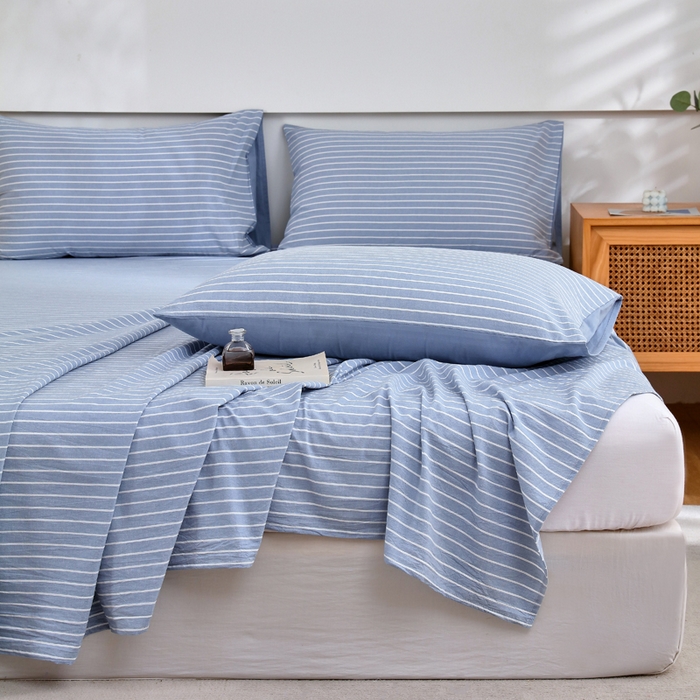 91家纺网 家纺一手货源 找家纺 春皖家纺 2026新款色织AB版水洗棉三件套四件套单品系列（单床单-A版风格一） 素雅-蓝条