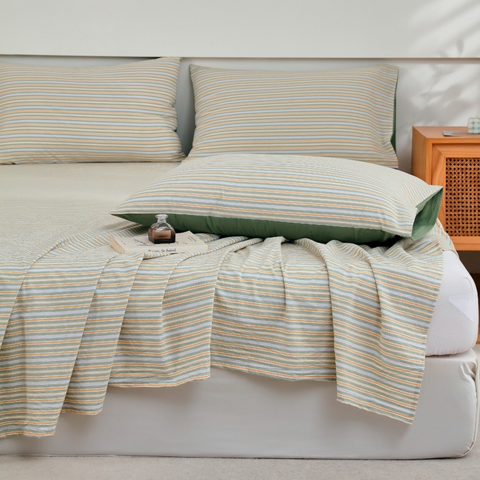 91家纺网 家纺一手货源 找家纺 春皖家纺 2026新款色织AB版水洗棉三件套四件套单品系列（单床单-A版风格一） 素雅-绿条