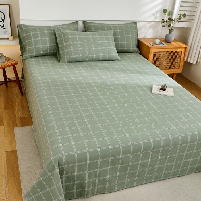 91家纺网 家纺一手货源 找家纺 春皖家纺 2026新款色织AB版水洗棉三件套四件套单品系列（单床单-A版风格一） 素雅-韵绿