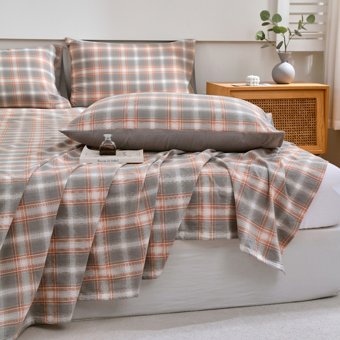 91家纺网 家纺一手货源 找家纺 春皖家纺 2026新款色织AB版水洗棉三件套四件套单品系列（单床单-A版风格一） 栗木-咖格