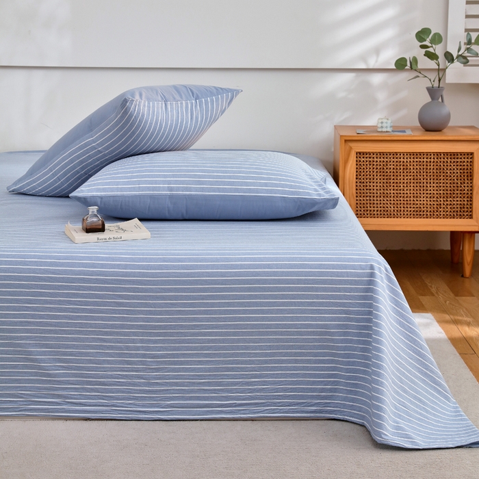 91家纺网 家纺一手货源 找家纺 春皖家纺 2026新款色织AB版水洗棉三件套四件套单品系列（单床单-A版风格一） 素雅-蓝条