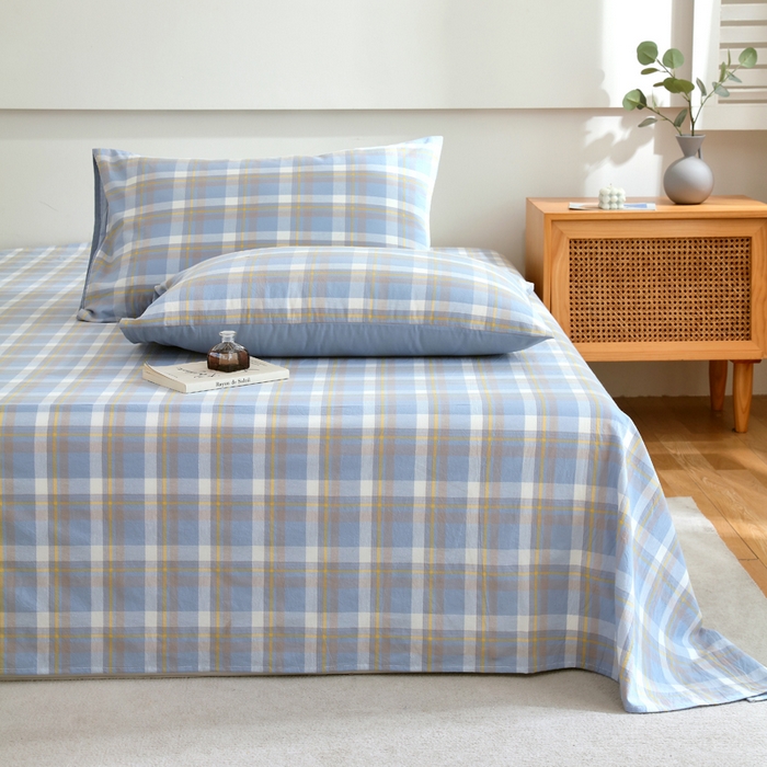 91家纺网 家纺一手货源 找家纺 春皖家纺 2026新款色织AB版水洗棉三件套四件套单品系列（单床单-A版风格一） 素雅-蓝格