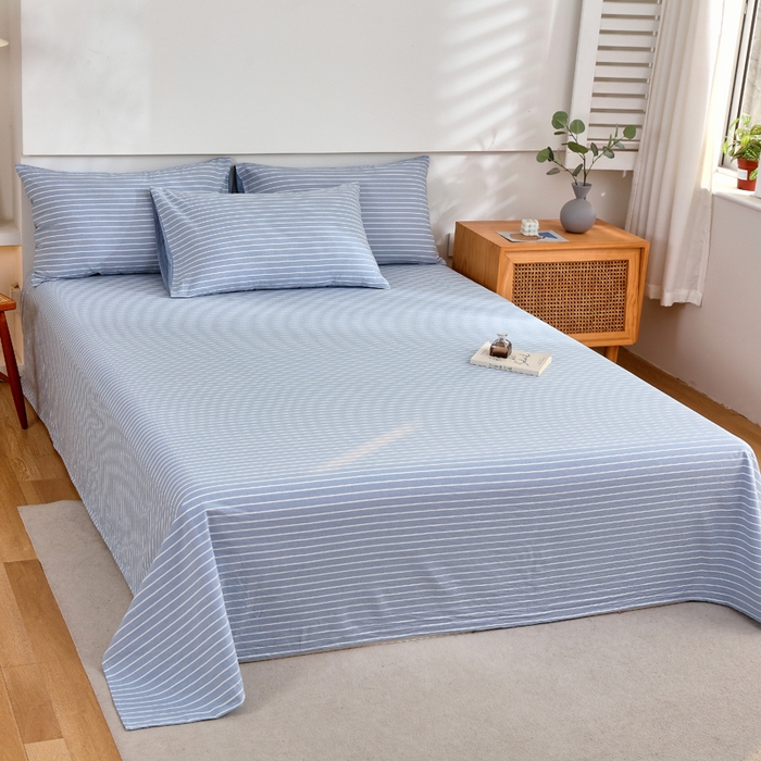 91家纺网 家纺一手货源 找家纺 春皖家纺 2026新款色织AB版水洗棉三件套四件套单品系列（单床单-A版风格一） 素雅-蓝条