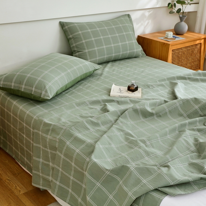 91家纺网 家纺一手货源 找家纺 春皖家纺 2026新款色织AB版水洗棉三件套四件套单品系列（单床单-A版风格一） 素雅-韵绿