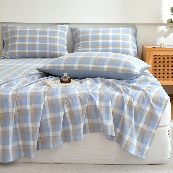 91家纺网 家纺一手货源 找家纺 春皖家纺 2026新款色织AB版水洗棉三件套四件套单品系列（单床单-A版风格一） 素雅-蓝格