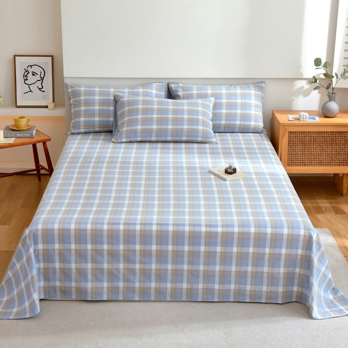 春皖家纺 2026新款色织AB版水洗棉三件套四件套单品系列（单床单-A版风格一） 素雅-蓝格