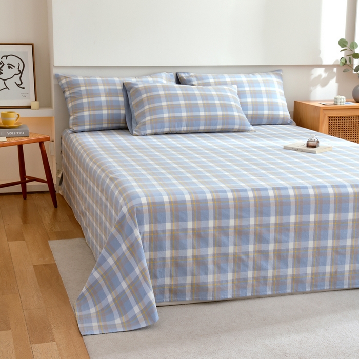 91家纺网 家纺一手货源 找家纺 春皖家纺 2026新款色织AB版水洗棉三件套四件套单品系列（单床单-A版风格一） 素雅-蓝格