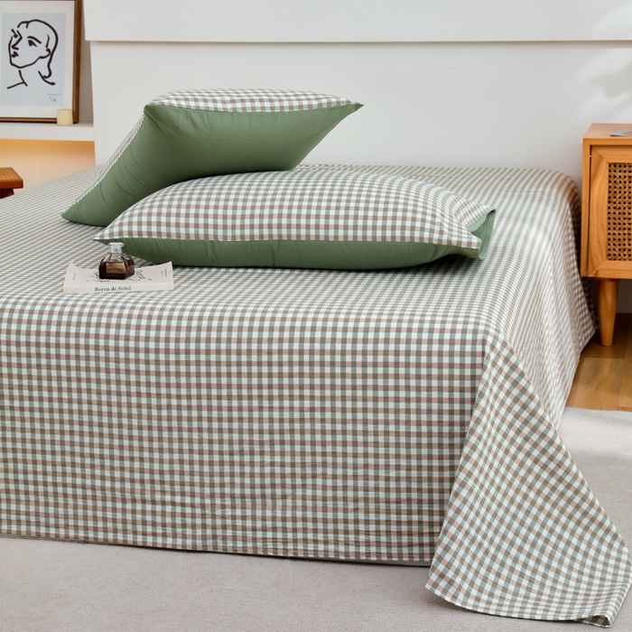 91家纺网 家纺一手货源 找家纺 春皖家纺 2026新款色织AB版水洗棉三件套四件套单品系列（单床单-A版风格一） 素雅-绿格