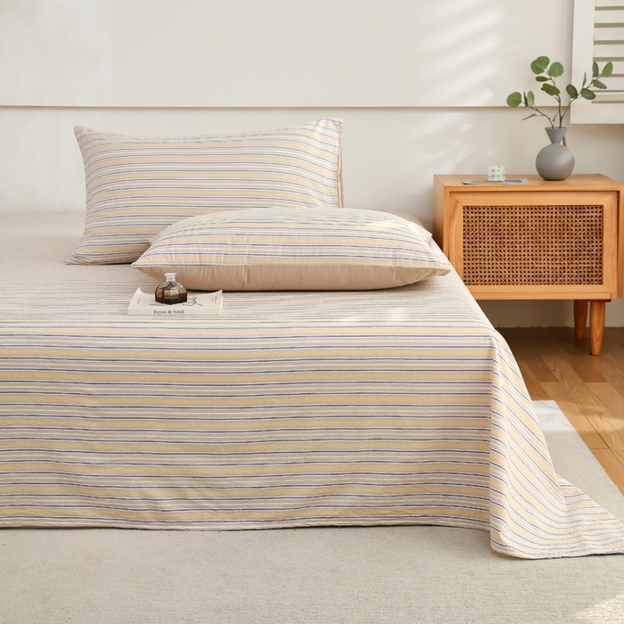 91家纺网 家纺一手货源 找家纺 春皖家纺 2026新款色织AB版水洗棉三件套四件套单品系列（单床单-A版风格一） 素雅-杏黄纹