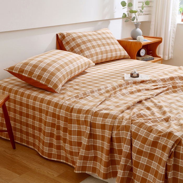 91家纺网 家纺一手货源 找家纺 春皖家纺 2026新款色织AB版水洗棉三件套四件套单品系列（单床单-A版风格一） 素雅-黄格