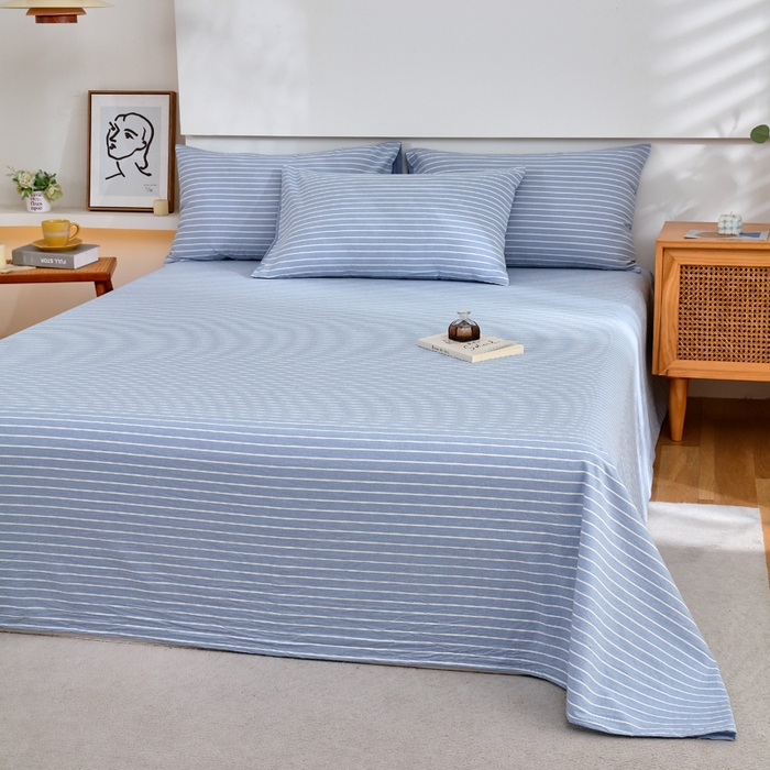 91家纺网 家纺一手货源 找家纺 春皖家纺 2026新款色织AB版水洗棉三件套四件套单品系列（单床单-A版风格一） 素雅-蓝条