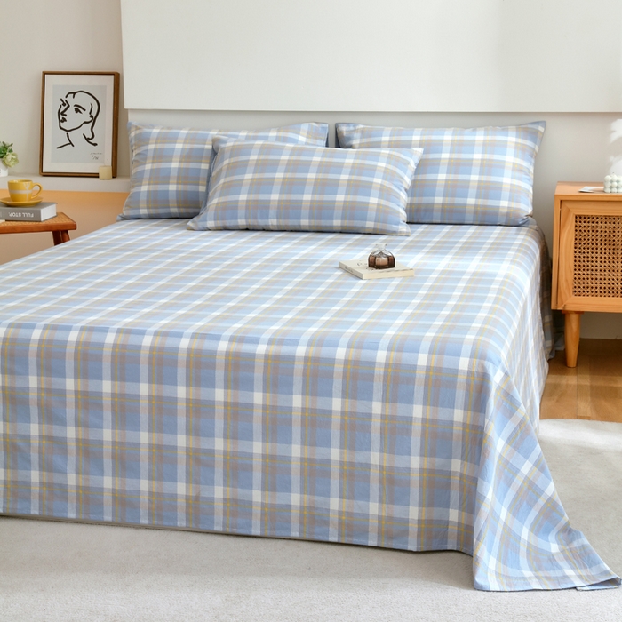 91家纺网 家纺一手货源 找家纺 春皖家纺 2026新款色织AB版水洗棉三件套四件套单品系列（单床单-A版风格一） 素雅-蓝格