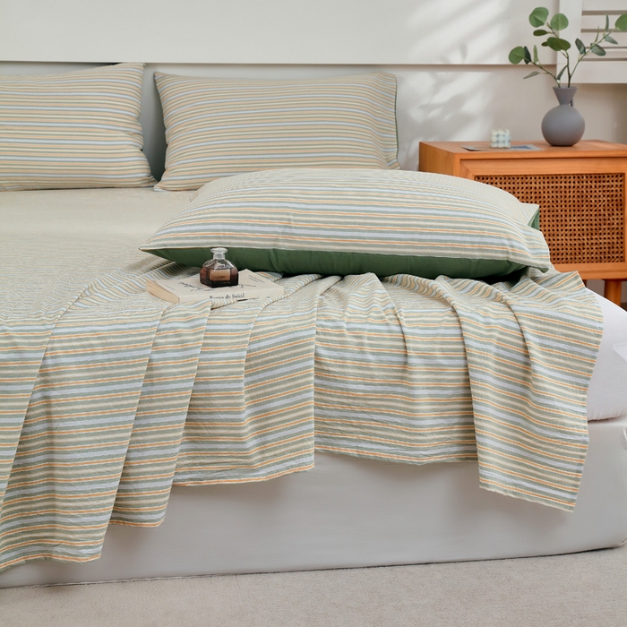 91家纺网 家纺一手货源 找家纺 春皖家纺 2026新款色织AB版水洗棉三件套四件套单品系列（单床单-A版风格一） 素雅-绿条