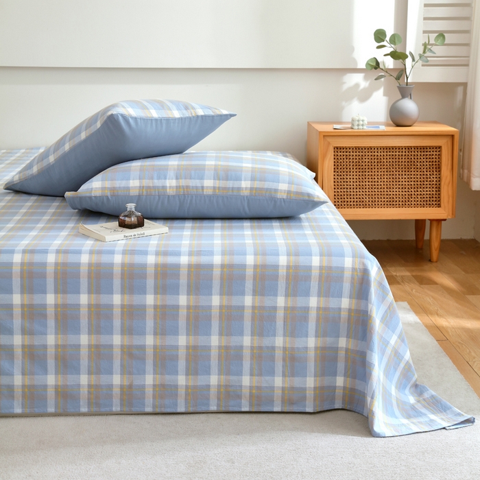 91家纺网 家纺一手货源 找家纺 春皖家纺 2026新款色织AB版水洗棉三件套四件套单品系列（单床单-A版风格一） 素雅-蓝格