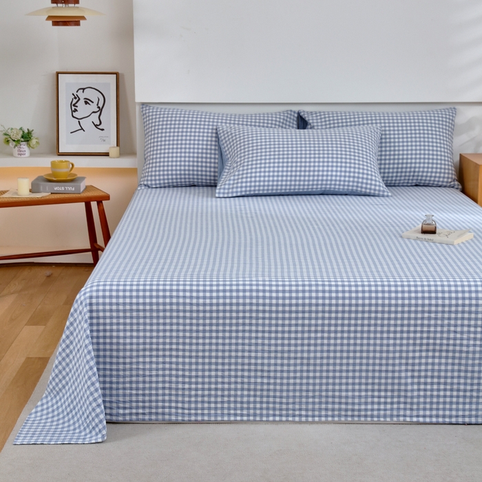 91家纺网 家纺一手货源 找家纺 春皖家纺 2026新款色织AB版水洗棉三件套四件套单品系列（单床单-A版风格一） 素雅-蓝小格