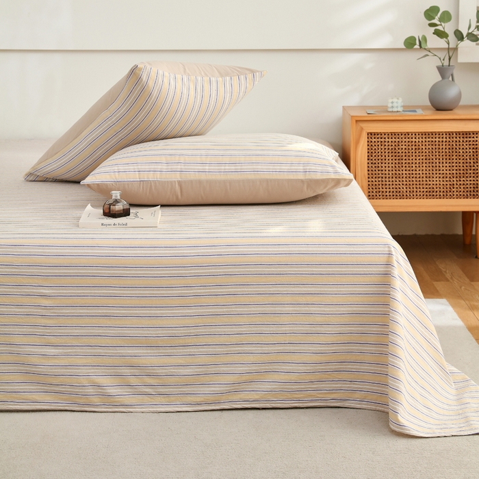 91家纺网 家纺一手货源 找家纺 春皖家纺 2026新款色织AB版水洗棉三件套四件套单品系列（单床单-A版风格一） 素雅-杏黄纹