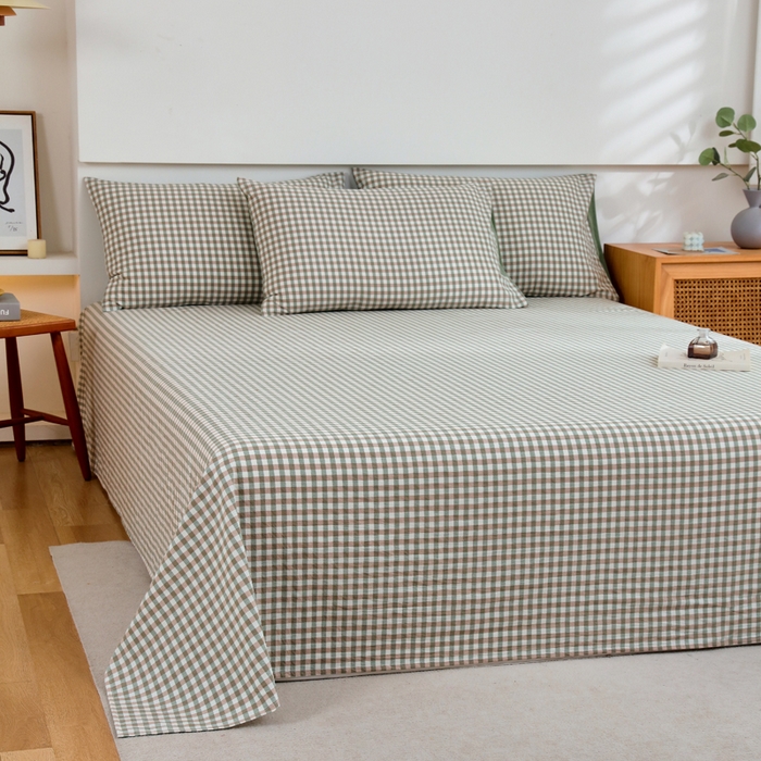 91家纺网 家纺一手货源 找家纺 春皖家纺 2026新款色织AB版水洗棉三件套四件套单品系列（单床单-A版风格一） 素雅-绿格