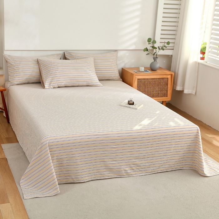 91家纺网 家纺一手货源 找家纺 春皖家纺 2026新款色织AB版水洗棉三件套四件套单品系列（单床单-A版风格一） 素雅-杏黄纹