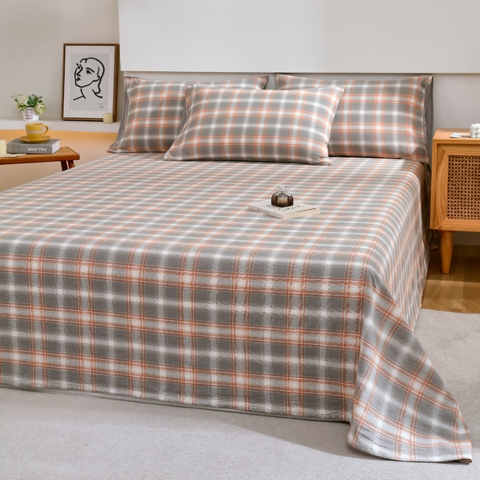 91家纺网 家纺一手货源 找家纺 春皖家纺 2026新款色织AB版水洗棉三件套四件套单品系列（单床单-A版风格一） 栗木-咖格