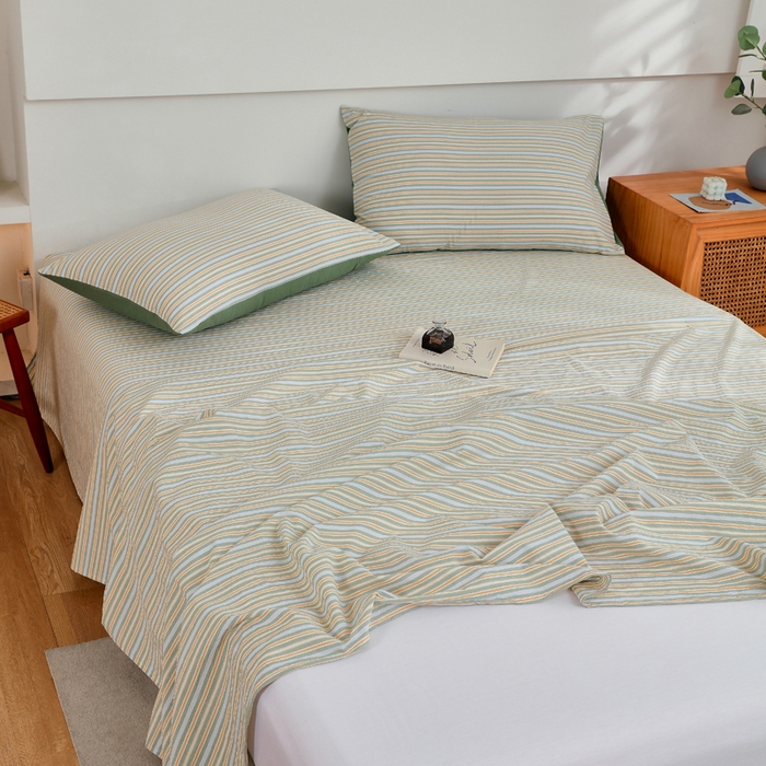 91家纺网 家纺一手货源 找家纺 春皖家纺 2026新款色织AB版水洗棉三件套四件套单品系列（单床单-A版风格一） 素雅-绿条