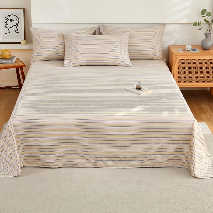 春皖家纺 2026新款色织AB版水洗棉三件套四件套单品系列（单床单-A版风格一） 素雅-杏黄纹