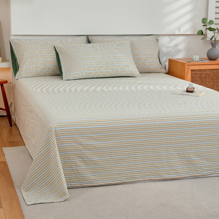 91家纺网 家纺一手货源 找家纺 春皖家纺 2026新款色织AB版水洗棉三件套四件套单品系列（单床单-A版风格一） 素雅-绿条