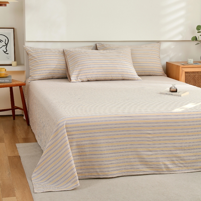 91家纺网 家纺一手货源 找家纺 春皖家纺 2026新款色织AB版水洗棉三件套四件套单品系列（单床单-A版风格一） 素雅-杏黄纹