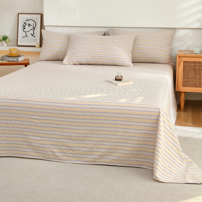 91家纺网 家纺一手货源 找家纺 春皖家纺 2026新款色织AB版水洗棉三件套四件套单品系列（单床单-A版风格一） 素雅-杏黄纹