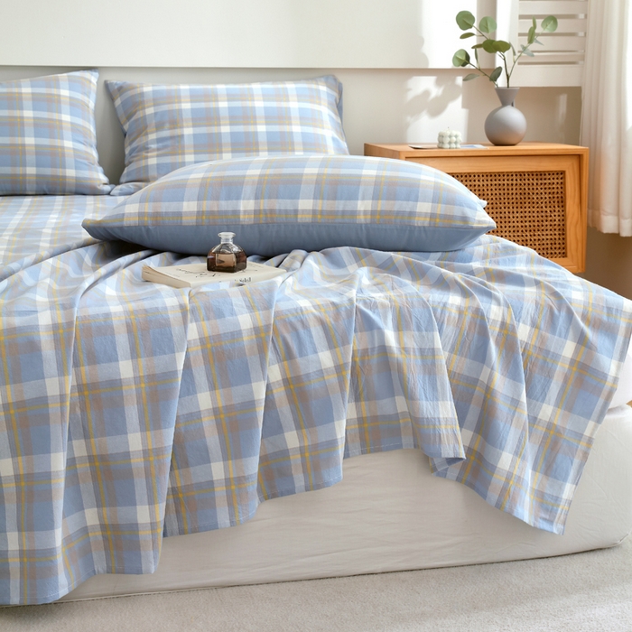 91家纺网 家纺一手货源 找家纺 春皖家纺 2026新款色织AB版水洗棉三件套四件套单品系列（单床单-A版风格一） 素雅-蓝格