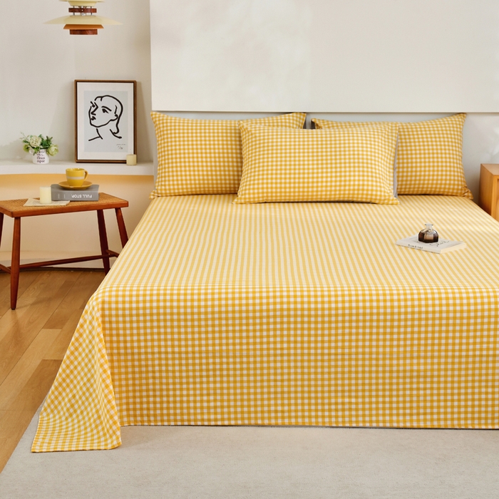 91家纺网 家纺一手货源 找家纺 春皖家纺 2026新款色织AB版水洗棉三件套四件套单品系列（单床单-A版风格一） 朱羽-黄格