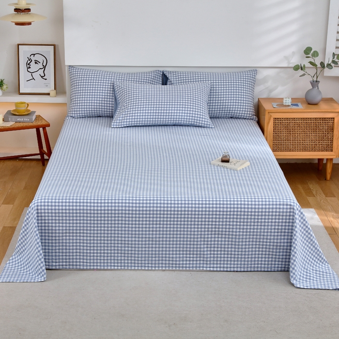 春皖家纺 2026新款色织AB版水洗棉三件套四件套单品系列（单床单-A版风格一） 素雅-蓝小格