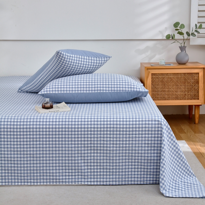 91家纺网 家纺一手货源 找家纺 春皖家纺 2026新款色织AB版水洗棉三件套四件套单品系列（单床单-A版风格一） 素雅-蓝小格