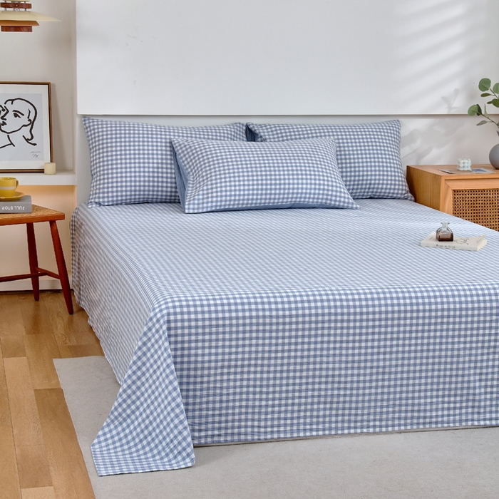 91家纺网 家纺一手货源 找家纺 春皖家纺 2026新款色织AB版水洗棉三件套四件套单品系列（单床单-A版风格一） 素雅-蓝小格