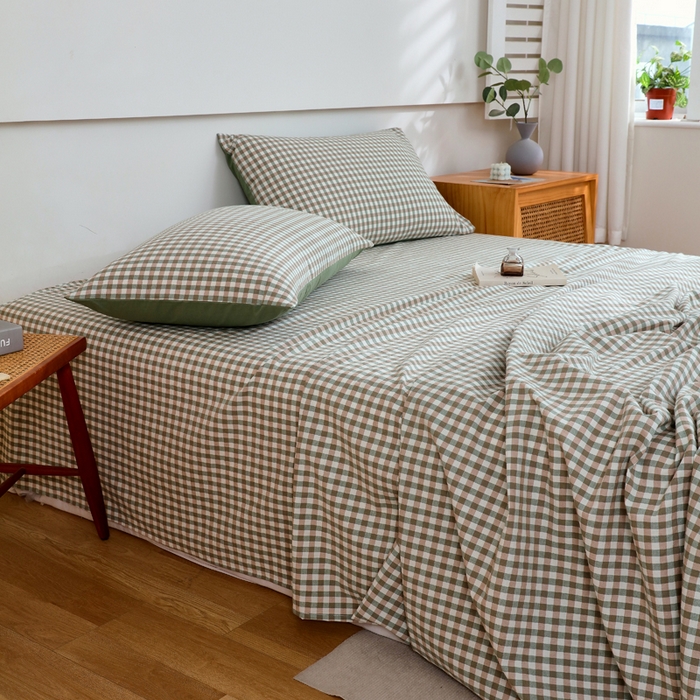 91家纺网 家纺一手货源 找家纺 春皖家纺 2026新款色织AB版水洗棉三件套四件套单品系列（单床单-A版风格一） 素雅-绿格