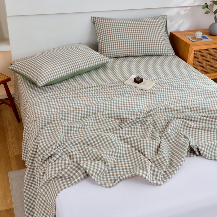 91家纺网 家纺一手货源 找家纺 春皖家纺 2026新款色织AB版水洗棉三件套四件套单品系列（单床单-A版风格一） 素雅-绿格