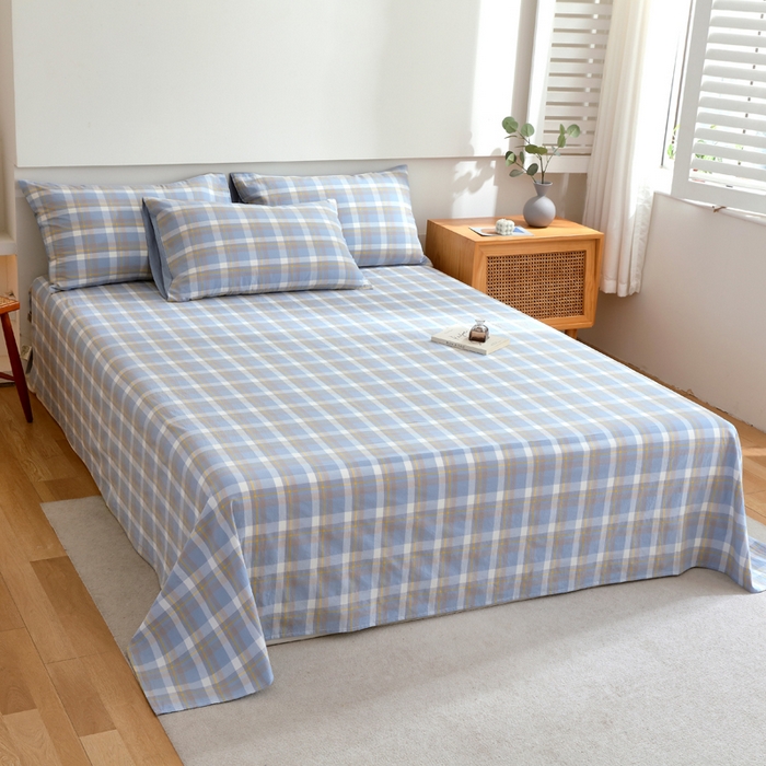 91家纺网 家纺一手货源 找家纺 春皖家纺 2026新款色织AB版水洗棉三件套四件套单品系列（单床单-A版风格一） 素雅-蓝格