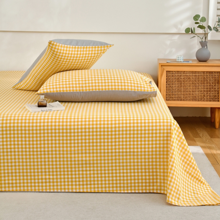 91家纺网 家纺一手货源 找家纺 春皖家纺 2026新款色织AB版水洗棉三件套四件套单品系列（单床单-A版风格一） 朱羽-黄格