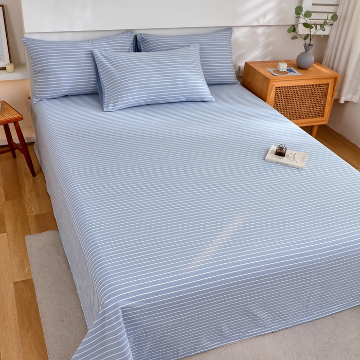 91家纺网 家纺一手货源 找家纺 春皖家纺 2026新款色织AB版水洗棉三件套四件套单品系列（单床单-A版风格一） 素雅-蓝条