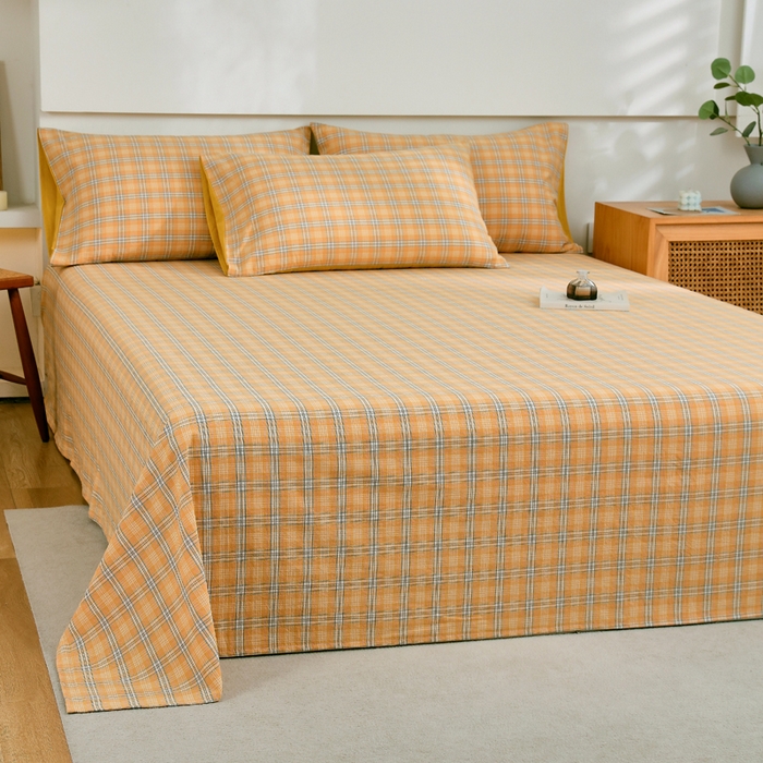 91家纺网 家纺一手货源 找家纺 春皖家纺 2026新款色织AB版水洗棉三件套四件套单品系列（单床单-A版风格一） 素雅-黄条