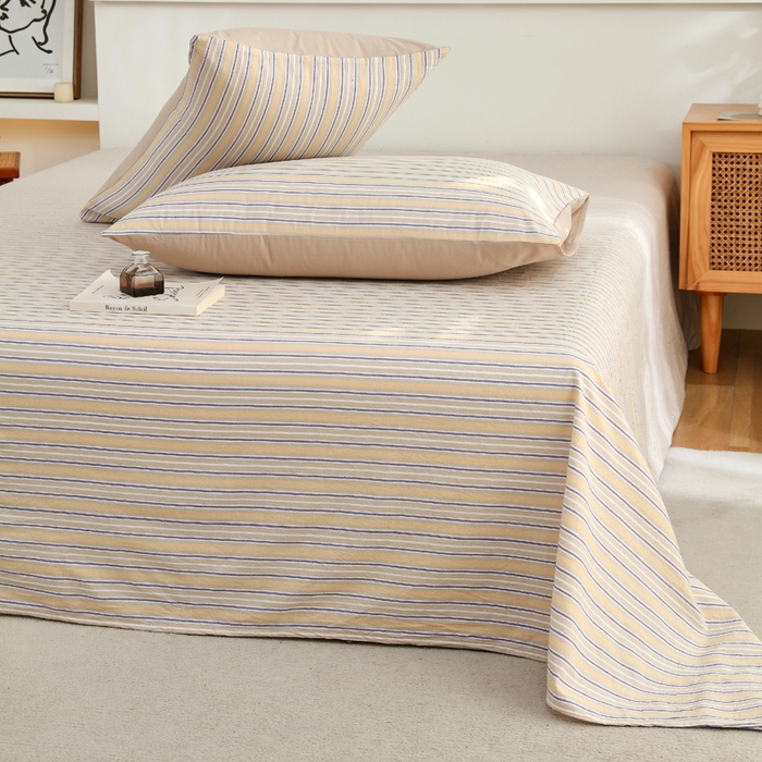 91家纺网 家纺一手货源 找家纺 春皖家纺 2026新款色织AB版水洗棉三件套四件套单品系列（单床单-A版风格一） 素雅-杏黄纹